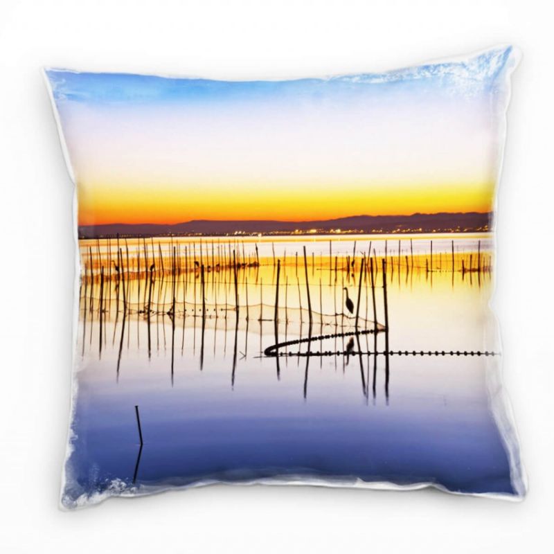 Meer, Sonnenuntergang, Fischernetz, blau, gelb Deko Kissen 40x40cm für Couch Sofa Lounge Zierkissen