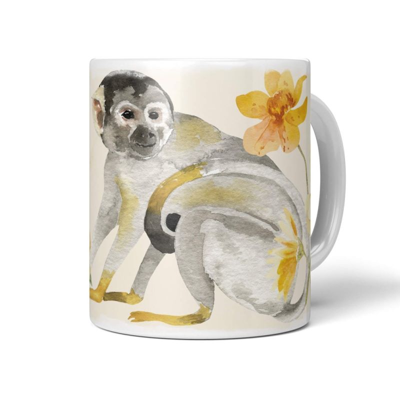 Tasse Porzellan Tier Motiv kleiner Affe Blumen Blüten Wasserfarben Orange