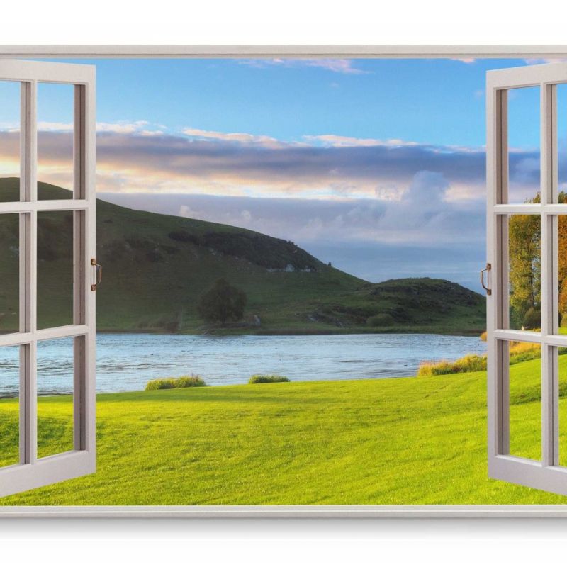 Wandbild 120x80cm Fensterbild Landschaft Natur Fluss Grün Berge Sonnenuntergang