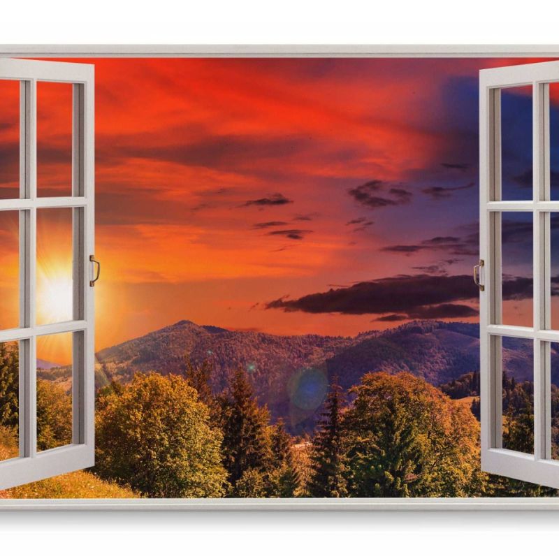 Wandbild 120x80cm Fensterbild Roter Himmel Natur Berge Abendrot Sonnenuntergang