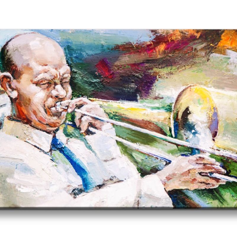 Leinwandbild 120x60cm Jazz Trompetenspieler Trompete Musik Farbenfroh Kunstvoll