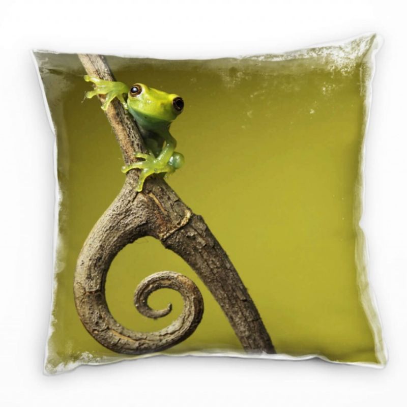 Tiere, grün, braun, Frosch auf einem geschwungene Ast Deko Kissen 40x40cm für Couch Sofa Lounge Zier