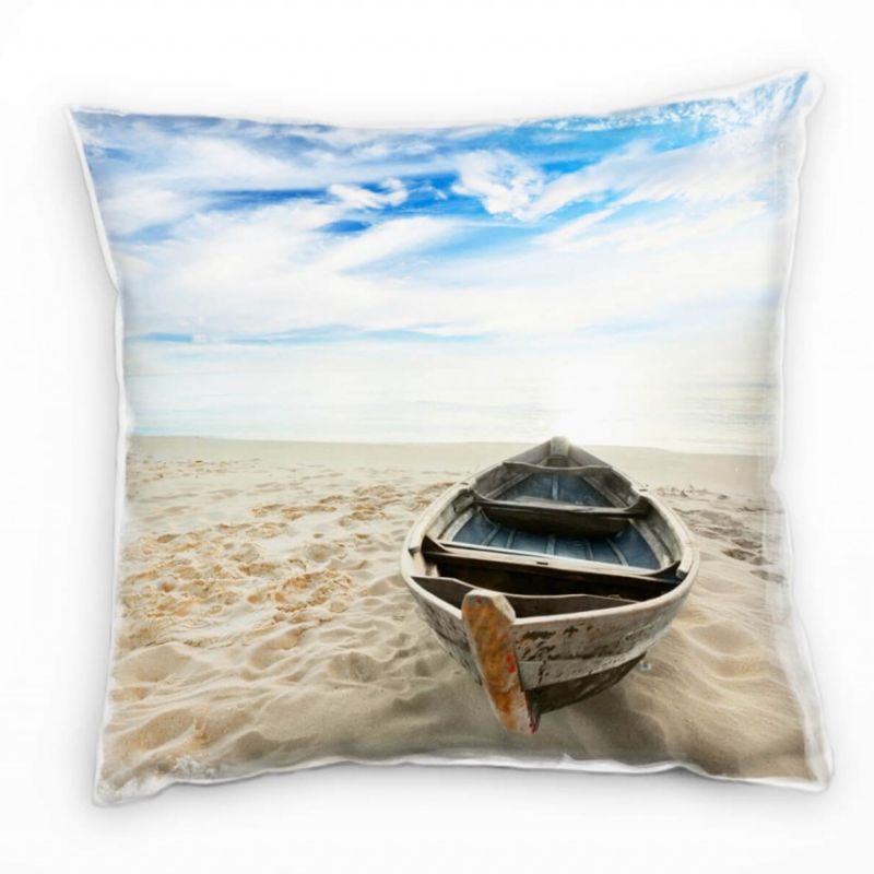 Strand und Meer, braun, blau, verlassenes Boot Deko Kissen 40x40cm für Couch Sofa Lounge Zierkissen