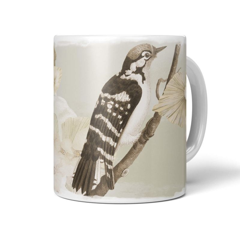 Dekorative Tasse mit schönem Vogel Motiv Buntspecht Blumen Exotisch Pastelltöne Einzigartig