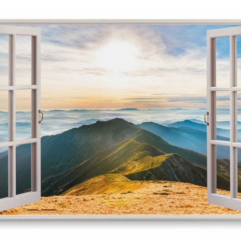 Wandbild 120x80cm Fensterbild Berge Bergkette Sonnenuntergang Wolken Natur