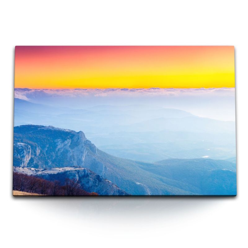 120x80cm Wandbild auf Leinwand Über den Wolken Berge Abendrot Blau Natur