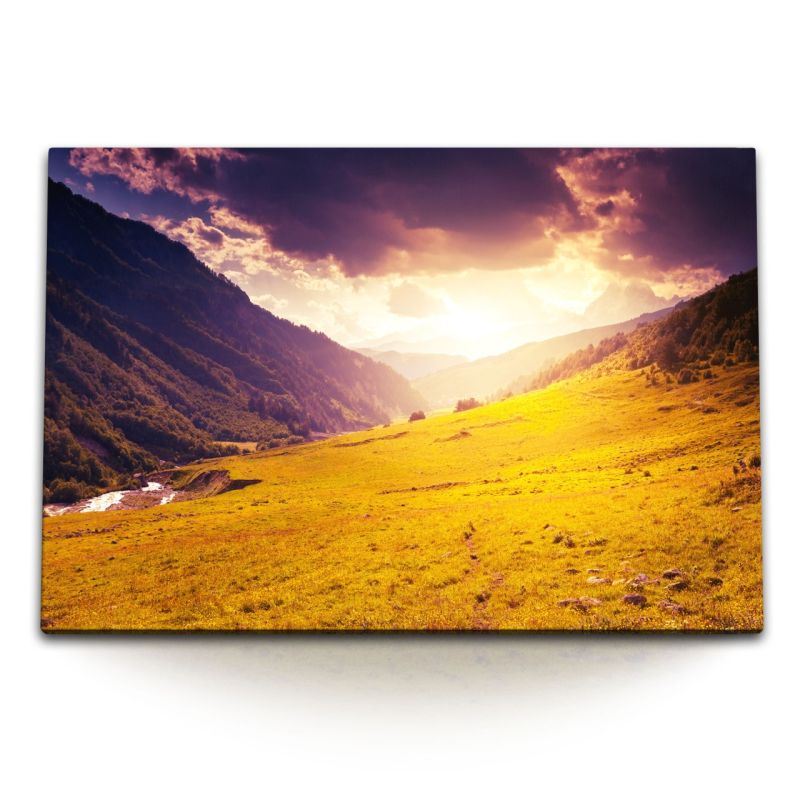 120x80cm Wandbild auf Leinwand Berge Natur Sonnenuntergang Wiese Grün Bergfluss