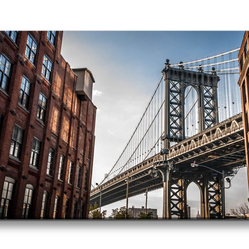 Leinwandbild 120x60cm Brooklyn Bridge New York Backsteingebäude Historisch Urban