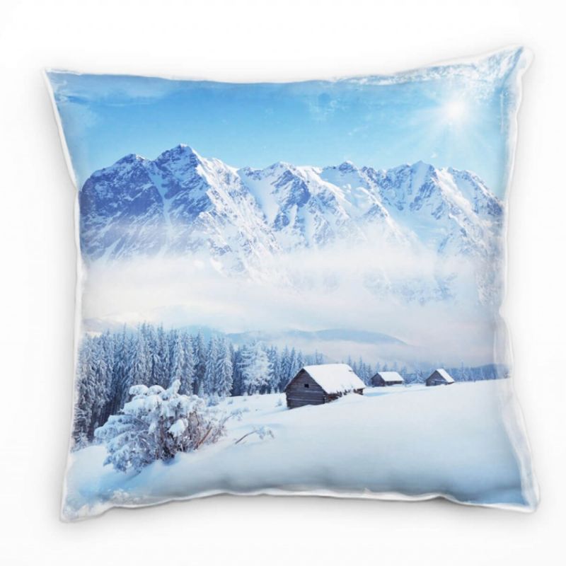 Winter, weiß, blau, Berge, Nadelwald, Hütten Deko Kissen 40x40cm für Couch Sofa Lounge Zierkissen