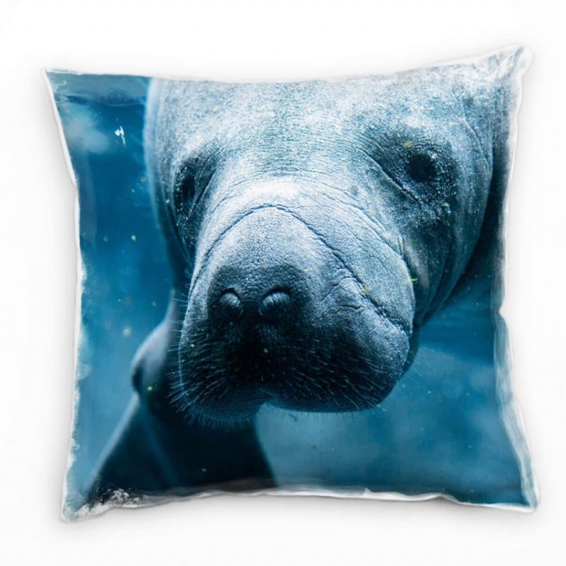 Tiere, Seekuh, Portrait, Unterwasser, blau, grau Deko Kissen 40x40cm für Couch Sofa Lounge Zierkisse