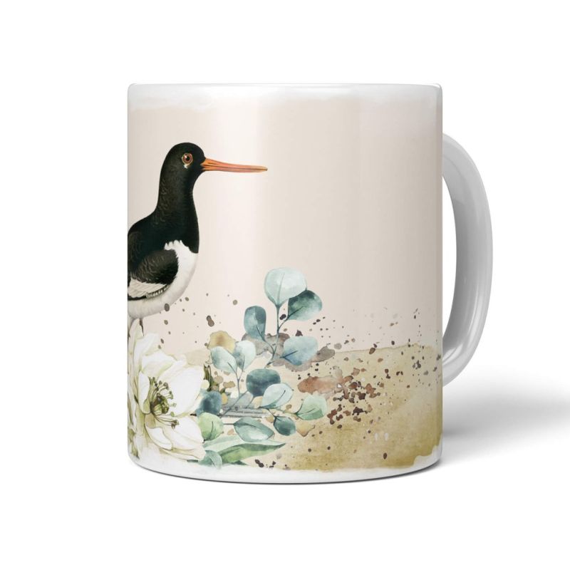 Dekorative Tasse mit schönem Vogel Motiv Austernfischer Blumen Blüten Kunstvoll Wasserfarben