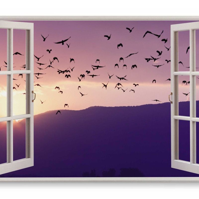 Wandbild 120x80cm Fensterbild Sonnenuntergang Berge Vögel Abendrot Natur