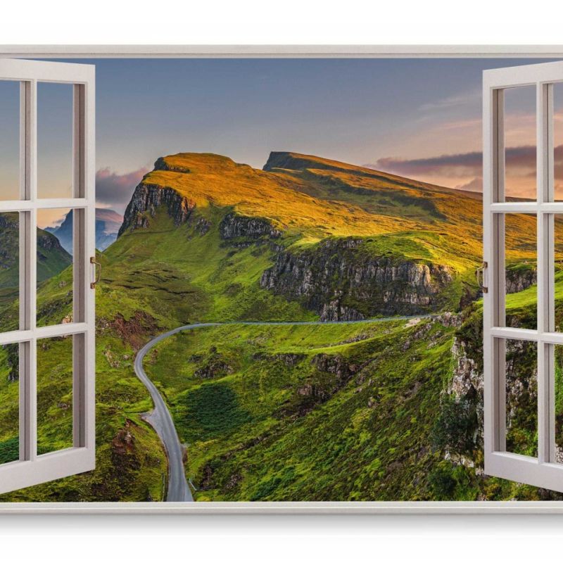 Wandbild 120x80cm Fensterbild Quiraing Schottland Berge Gebirge Natur Grün