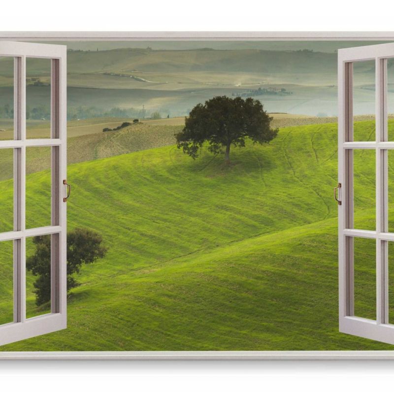 Wandbild 120x80cm Fensterbild Landschaft Wiese Grün Baum Natur Hügel