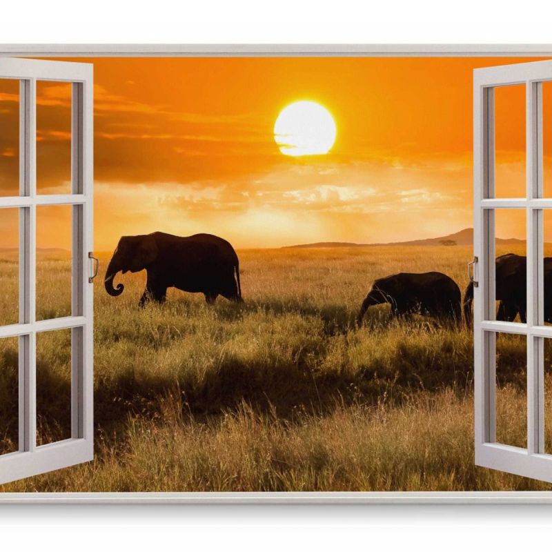 Wandbild 120x80cm Fensterbild Afrikanische Landschaft Natur Elefant Sonnenunterhang Rot