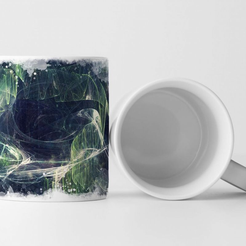 Tasse Geschenk stahlblaue Grundierung, gelb-grüne Linien