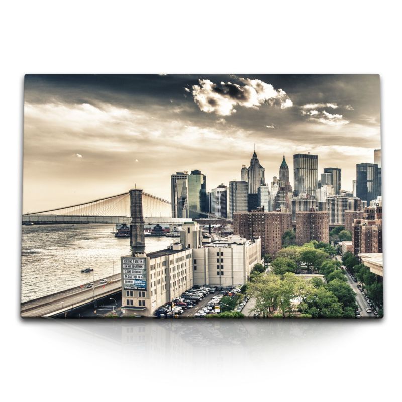 120x80cm Wandbild auf Leinwand New York City Brooklyn Bridge Wolkenkratzer Hochhäuser