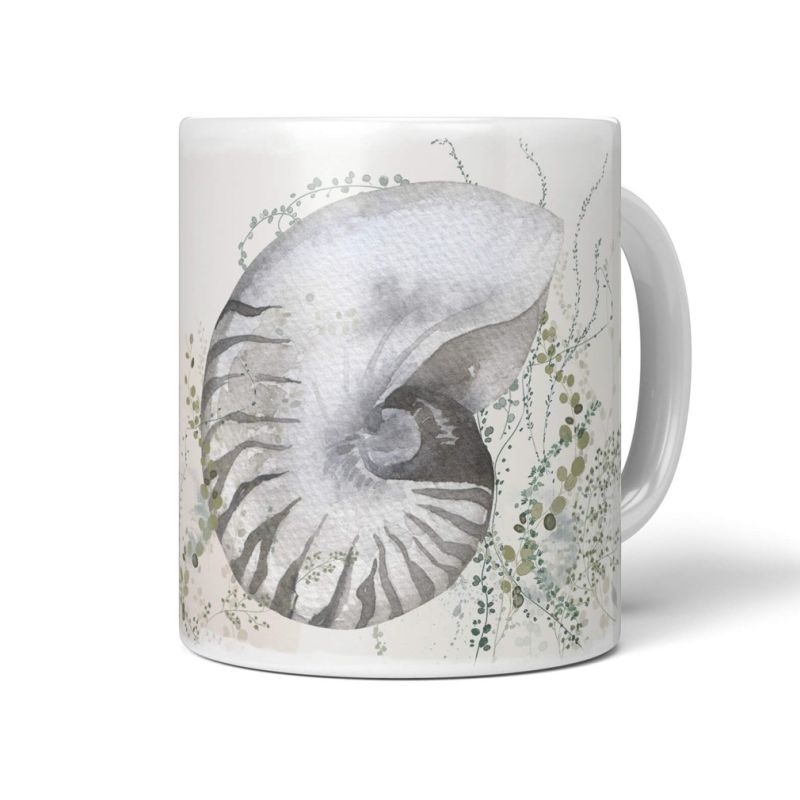 Dekorative Tasse mit schönem Motiv Wasserfarben Aquarell Muschel Schneckenhaus Kunstvoll