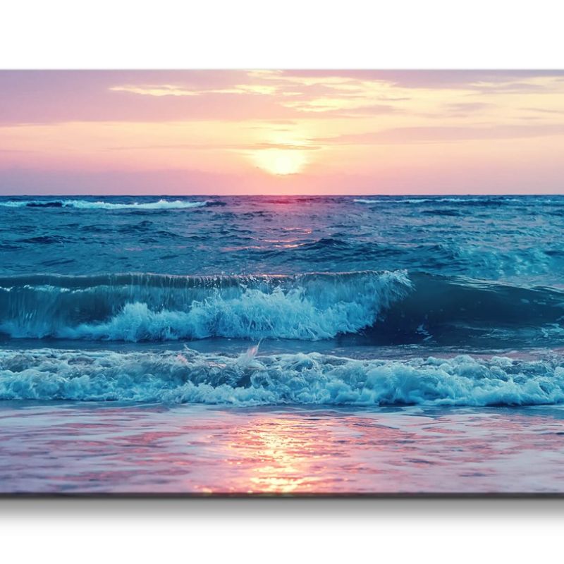 Leinwandbild 120x60cm Meer Wellen Horizont Sonnenuntergang Abendröte