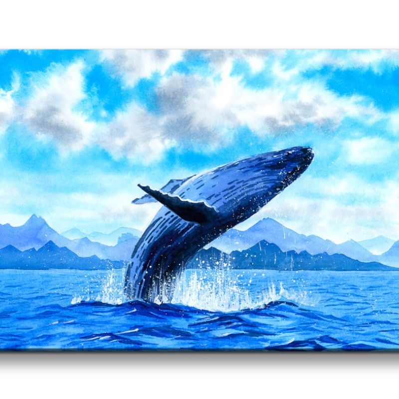 Leinwandbild 120x60cm Wal spring aus den Wasser Malerisch Blau Kunstvoll Meer