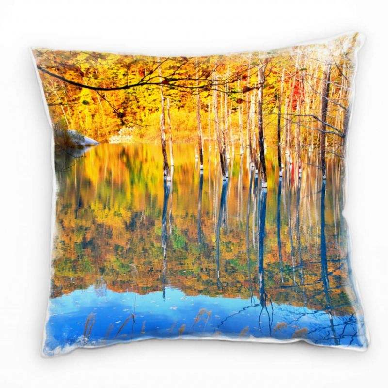 Herbst, Spiegelung, Wald, orange, blau Deko Kissen 40x40cm für Couch Sofa Lounge Zierkissen