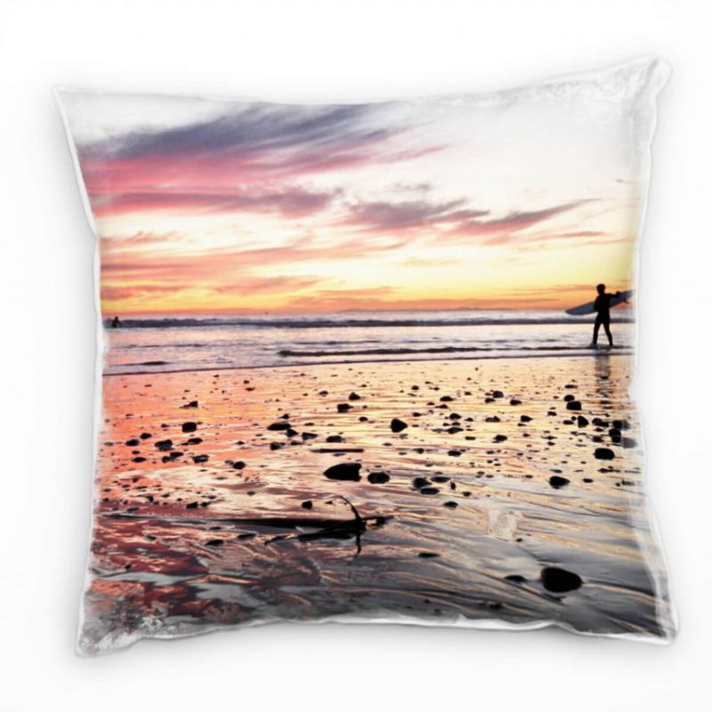 Strand und Meer, orange, grau, Sonnenuntergang Deko Kissen 40x40cm für Couch Sofa Lounge Zierkissen