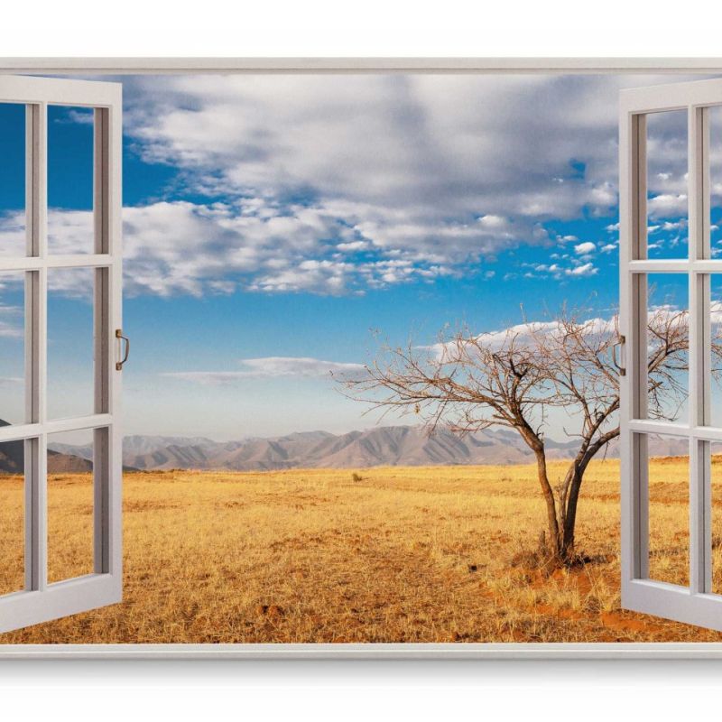 Wandbild 120x80cm Fensterbild Landschaft Natur Berge Baum blauer Himmel