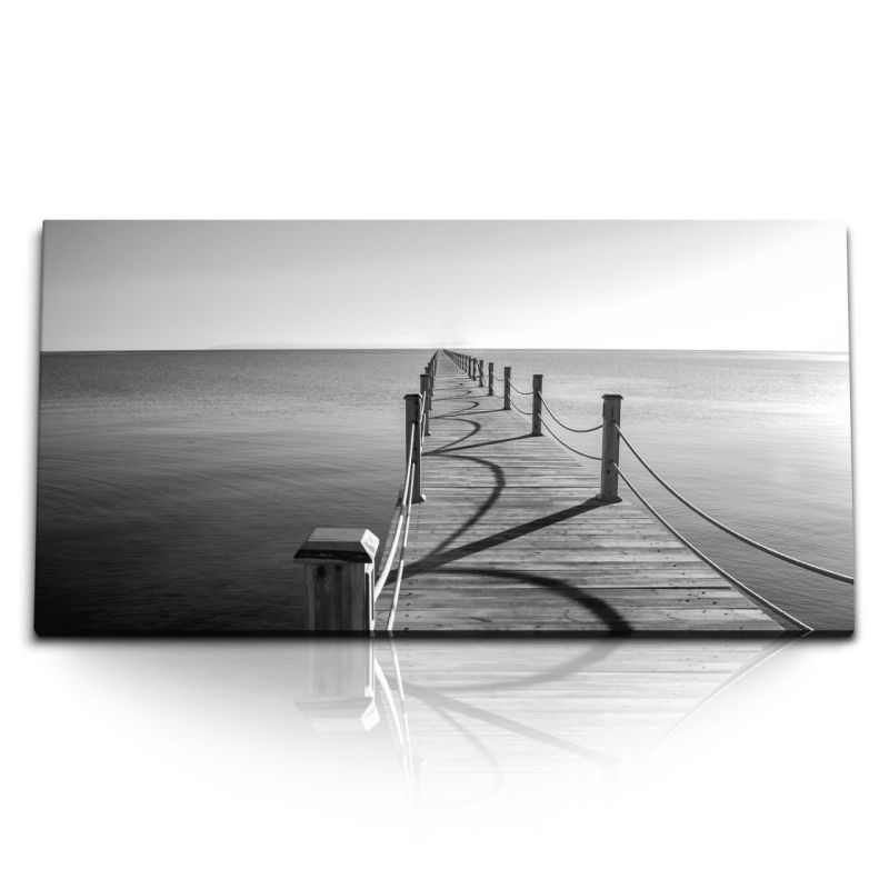 Kunstdruck Bilder 120x60cm Schwarz Weiß Fotografie Holzsteg Meer Horizont Grau