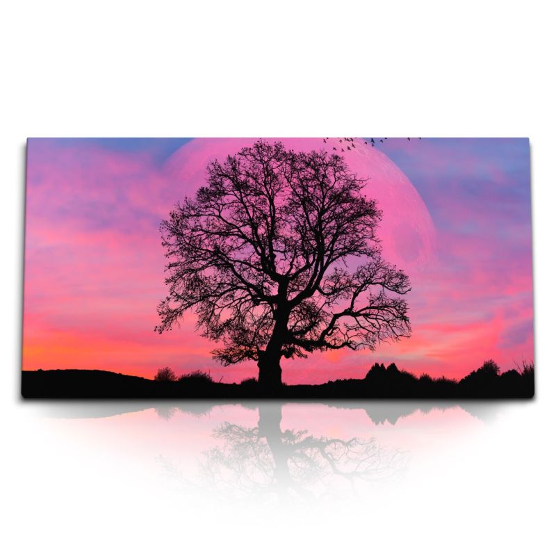 Kunstdruck Bilder 120x60cm Roter Mond Baum Vögel Mystisch Nacht roter Horizont