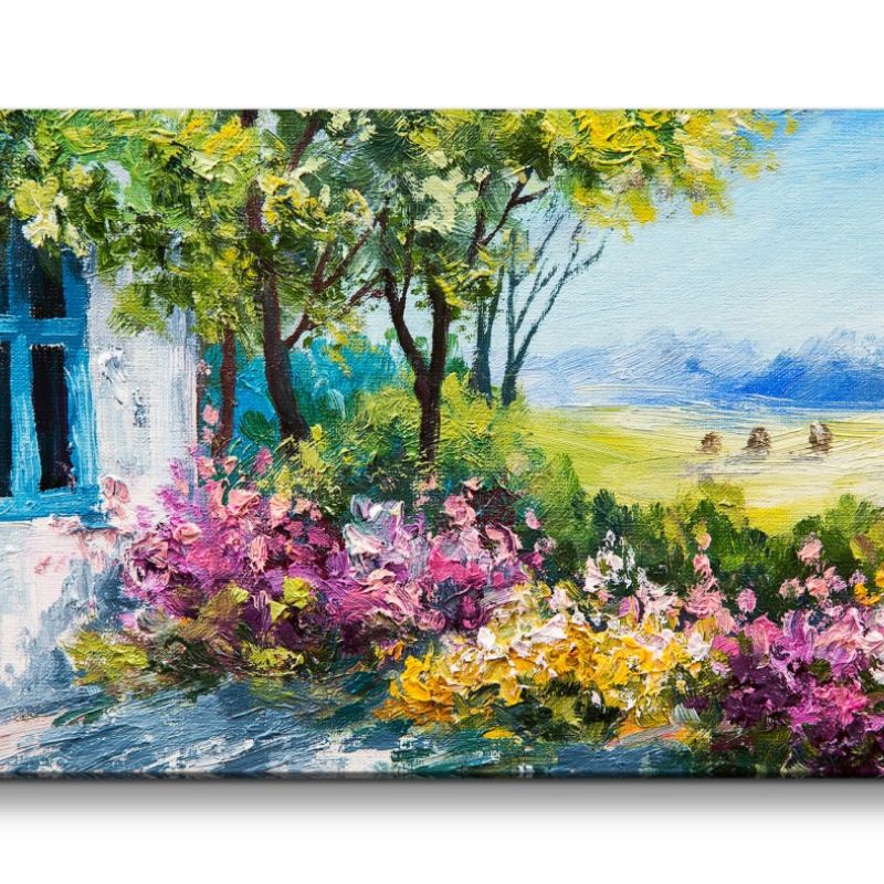 Leinwandbild 120x60cm Landhaus Landschaft Farbenfroh Malerisch Abstrakt Blumen Natur