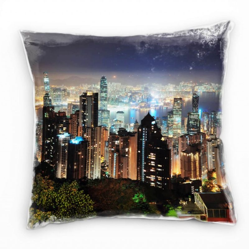 urban und City, schwarz, orange, Hongkong, Nacht Deko Kissen 40x40cm für Couch Sofa Lounge Zierkisse