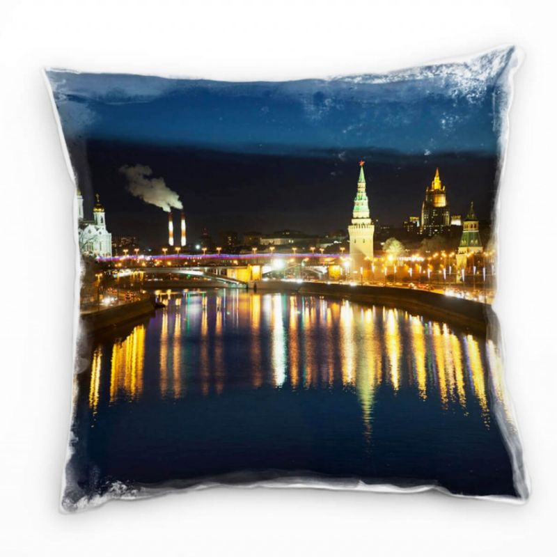 City, Moskau, Nacht, Brücke, blau, gelb Deko Kissen 40x40cm für Couch Sofa Lounge Zierkissen