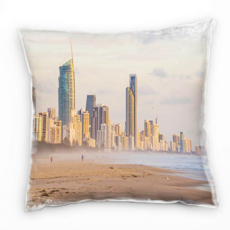 City, Hochhäuser, Strand, Meer, orange, beige, blau Deko Kissen 40x40cm für Couch Sofa Lounge Zierki