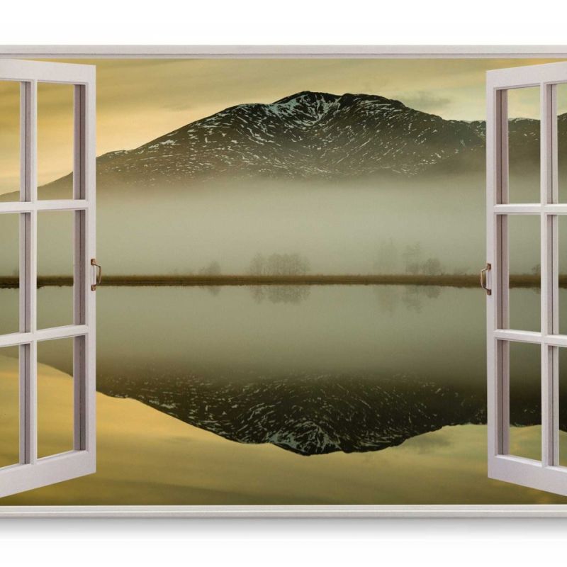 Wandbild 120x80cm Fensterbild Berg Nebel Abenddämmerung Meer Natur Wasserspieglung