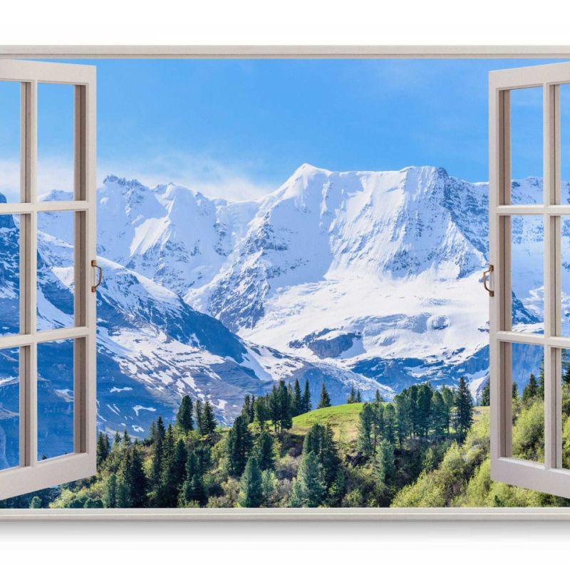 Wandbild 120x80cm Fensterbild Berge Gebirge Blau Weiß Schnee Natur Wald