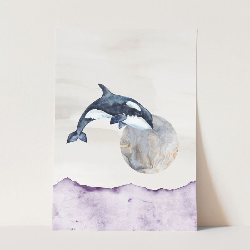 Wandbild Orca Schwertwal Aquarell Kunstvoll Mond Meer Wasserfarben