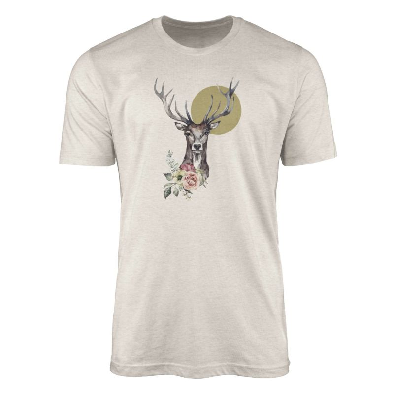 Herren Shirt 100% gekämmte Bio-Baumwolle T-Shirt  Aquarell Hirsch Porträt Blumen Motiv Nachhaltig Ök