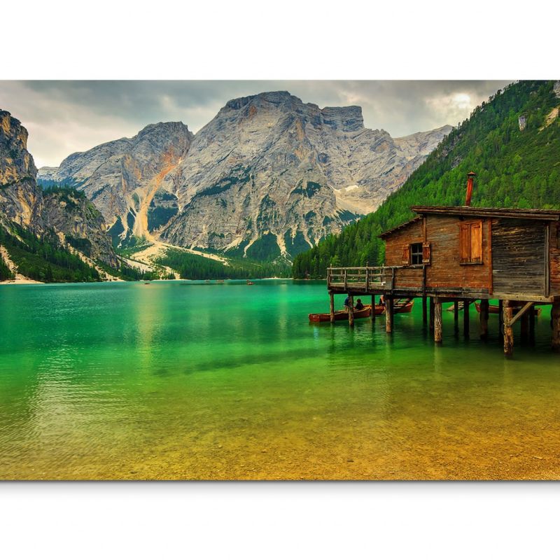 120x80cm Wandbild Italien Südtirol Dolomiten Berge Bergsee Holzhaus