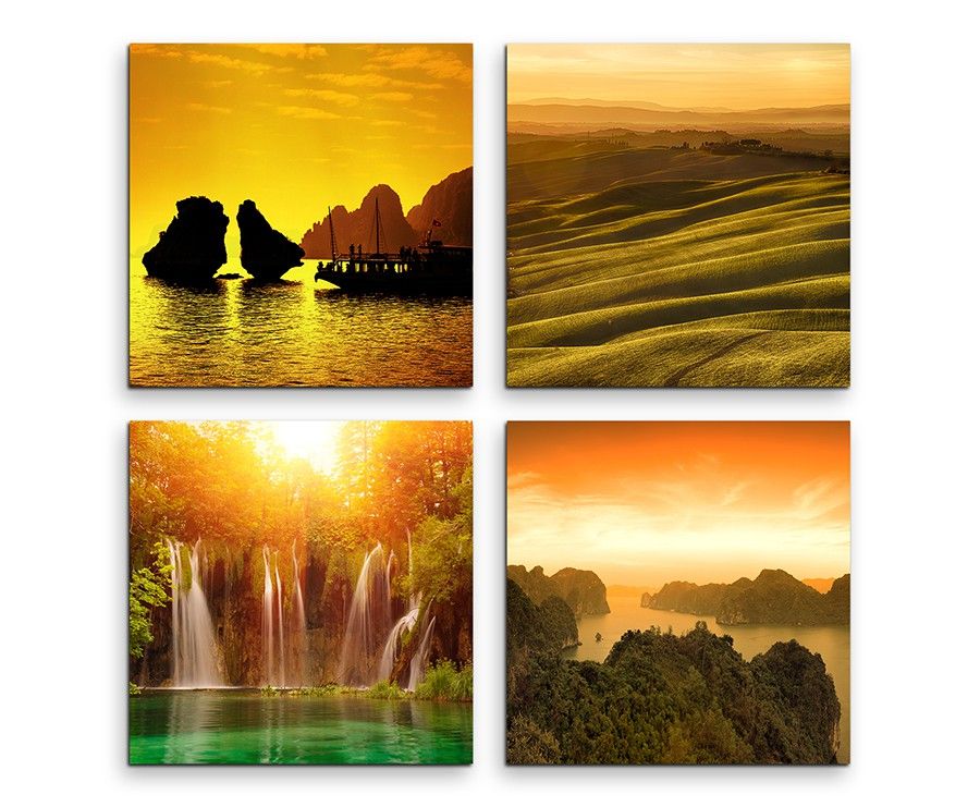 4 teiliges Leinwandbild je 30x30cm  –  Felsen Sonnenuntergang Natur Meer Wasserfall