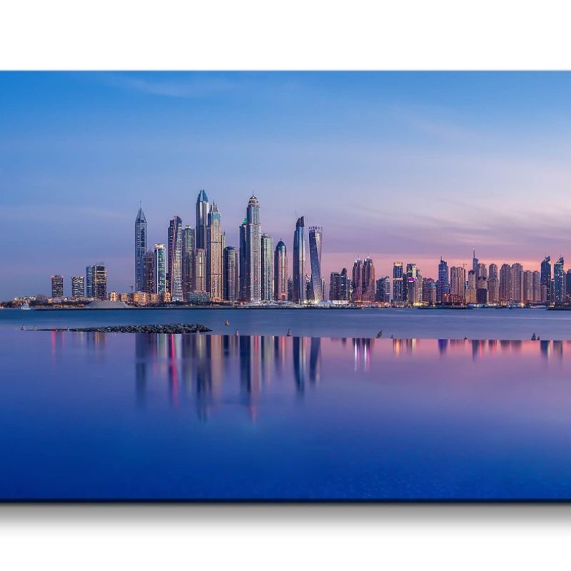 Leinwandbild 120x60cm Panorama Dubai Wolkenkratzer Meer Skyline Abendröte