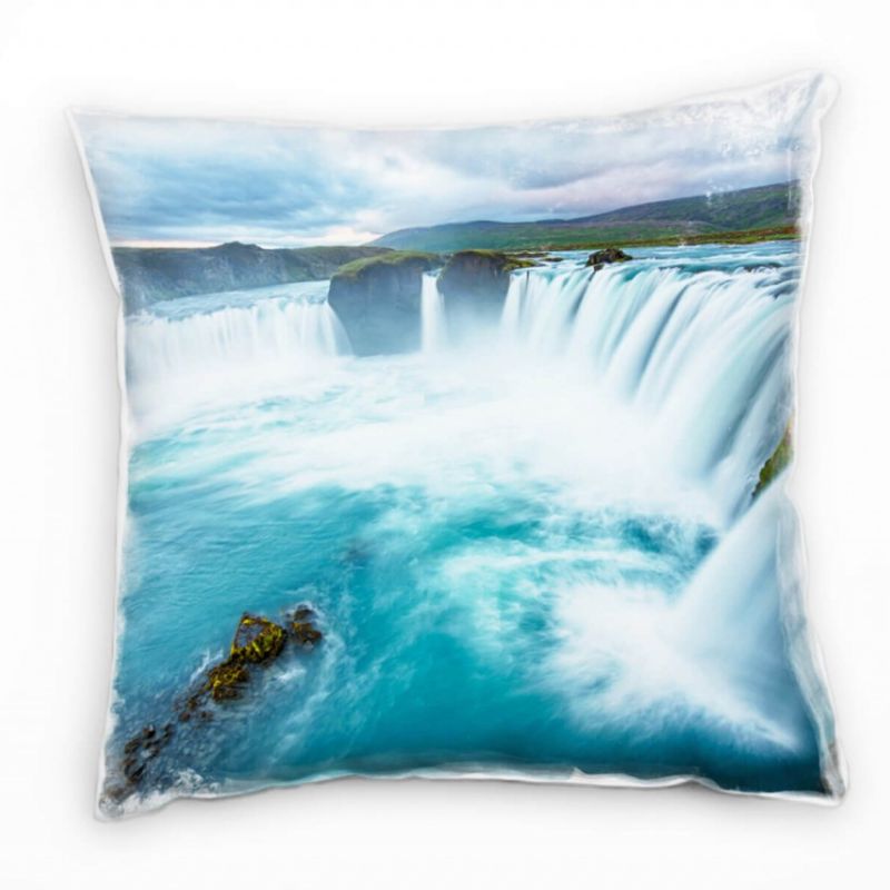 Natur, türkis, braun, grün, Wasserfall, Island Deko Kissen 40x40cm für Couch Sofa Lounge Zierkissen