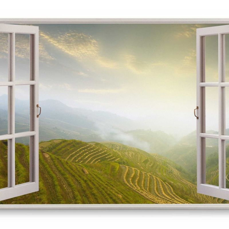 Wandbild 120x80cm Fensterbild Vietnam Reisfelder Berge Natur Grün