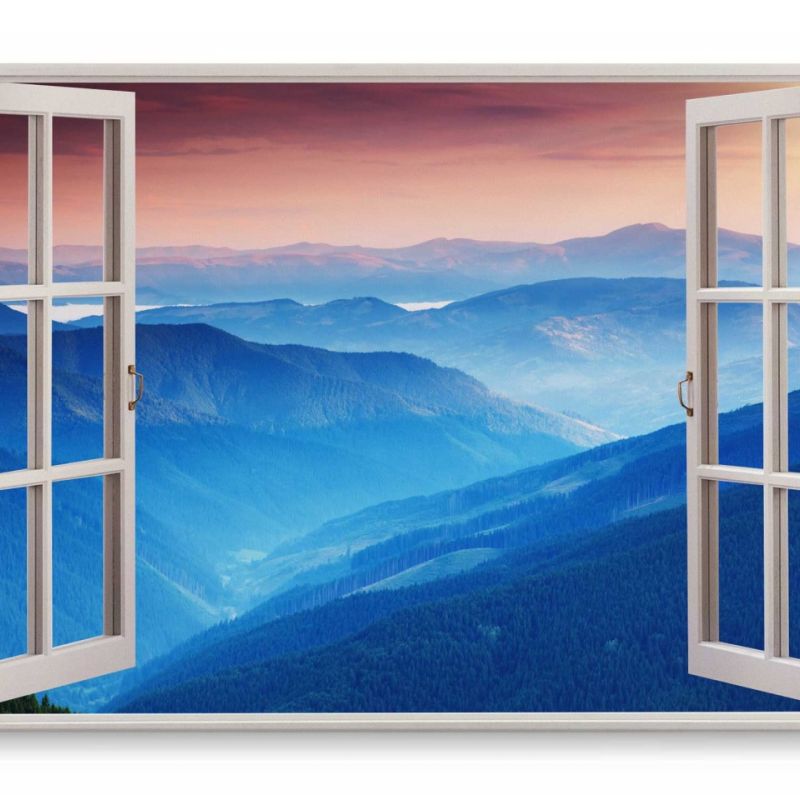 Wandbild 120x80cm Fensterbild Blaue Berge Natur Sonnenuntergang Alpen