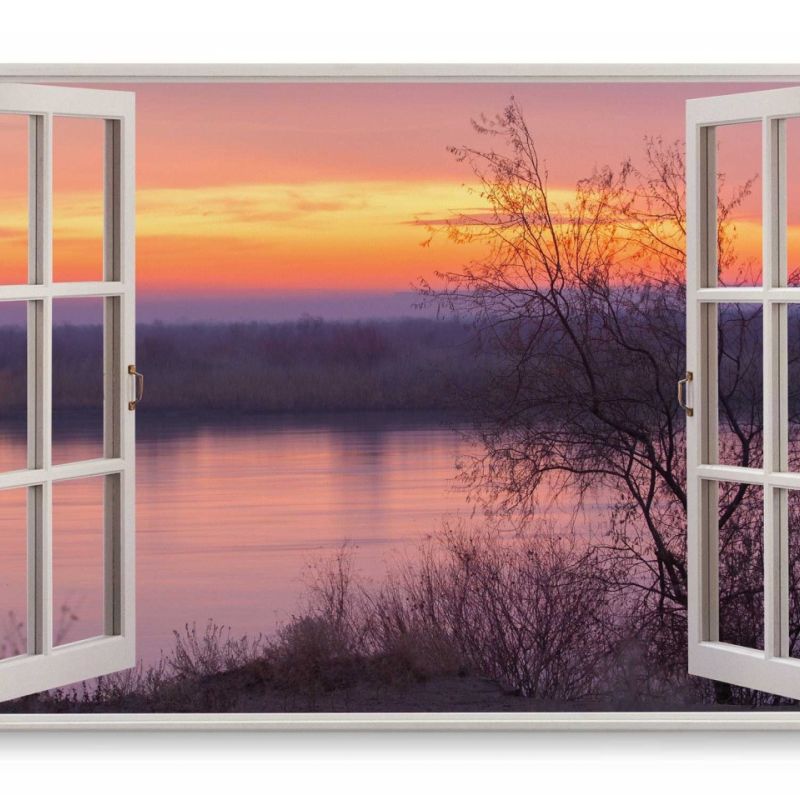 Wandbild 120x80cm Fensterbild See Natur roter Horizont Sonnenuntergang Abendrot