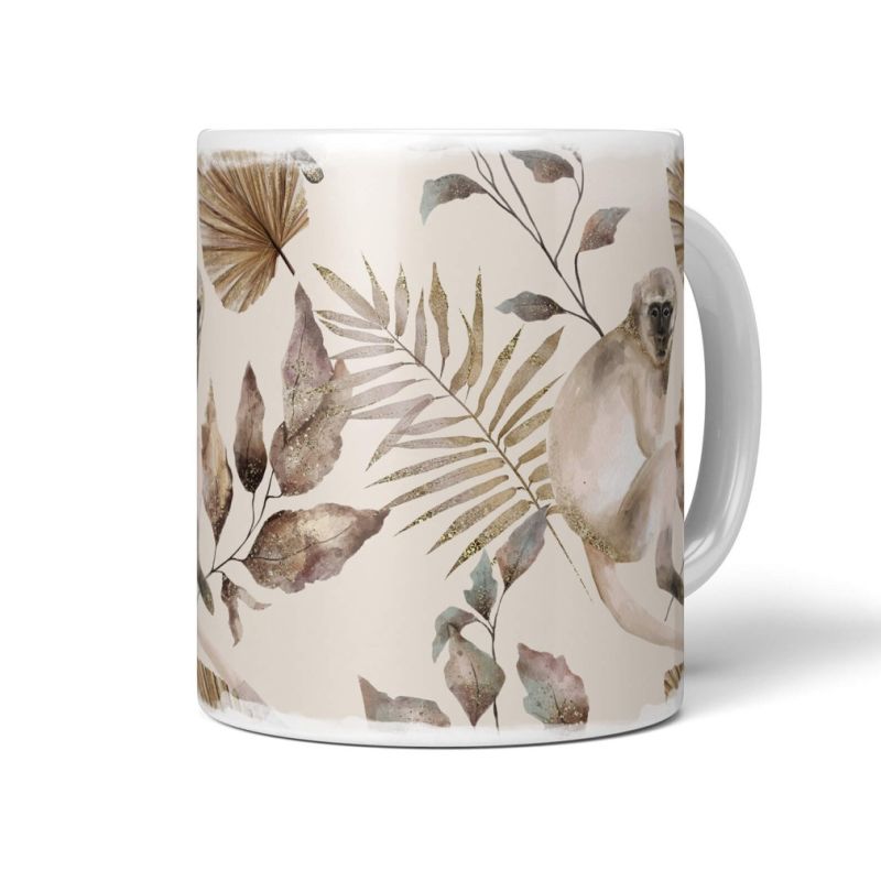 Dekorative Tasse mit schönem Motiv Affe Pflanzen einzigartiges Design Beige Wasserfarben