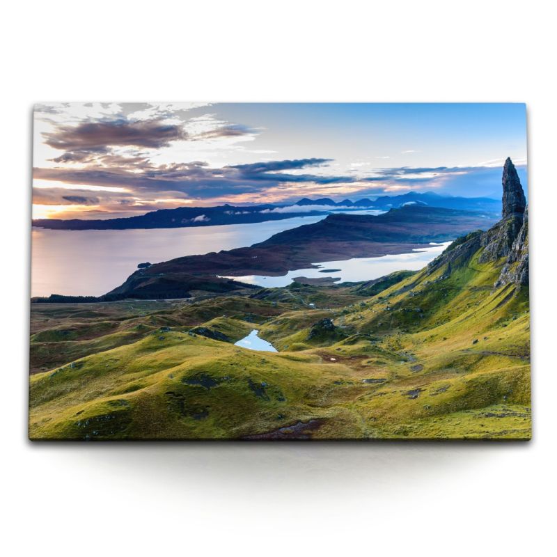 120x80cm Wandbild auf Leinwand Schottische Landschaft Meer Berge Felsen Sonnenuntergang