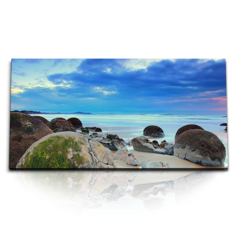 Kunstdruck Bilder 120x60cm Neuseeland Strand runde Felsen Steine Sonnenuntergang