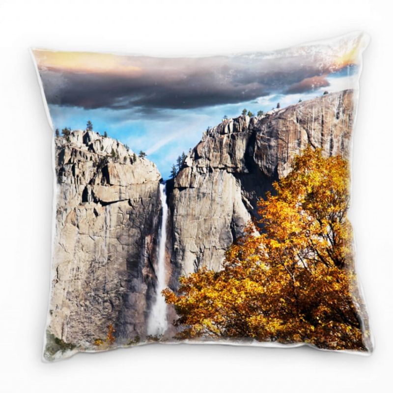 Natur, Herbst, braun, grau, blau, Wasserfall Deko Kissen 40x40cm für Couch Sofa Lounge Zierkissen