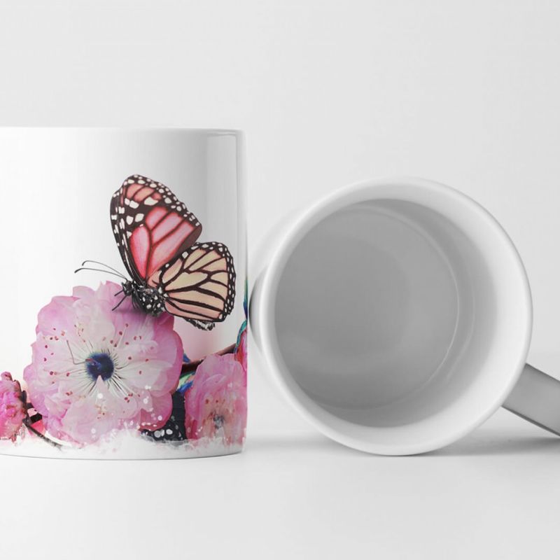 Tasse Geschenk Naturfotografie – Schmetterlinge an rosa Kirschblüten