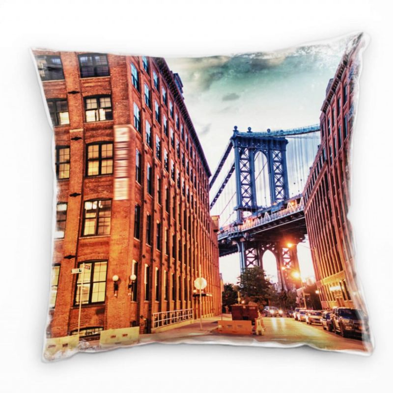 City, Manhattan Brücke, New York, orange, türkis Deko Kissen 40x40cm für Couch Sofa Lounge Zierkisse